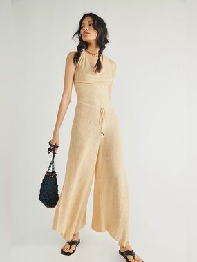 🏖️ Free People FP Beach Everly Sweater Jumpsuit 💛✨ Cream Knit Halter Wide Leg S
